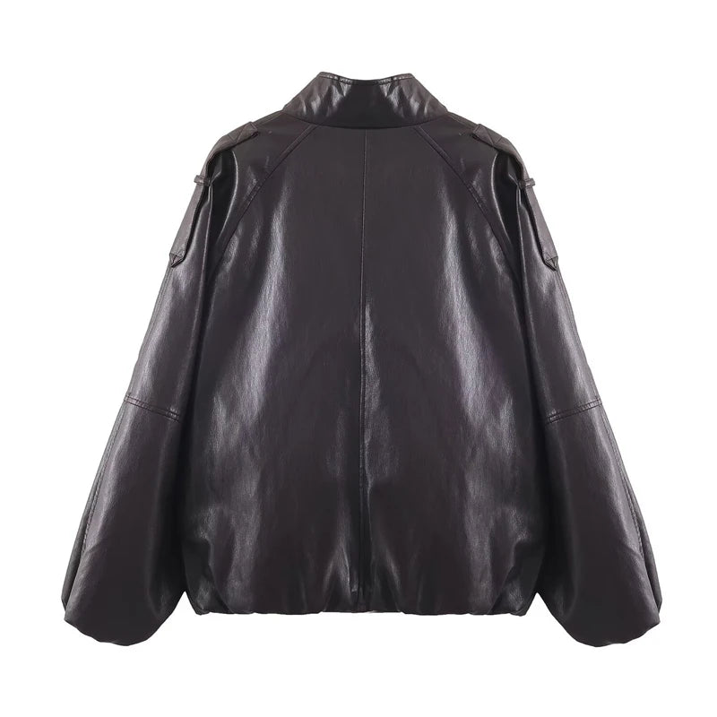 "Women's Black Faux Leather Bomber Jacket, Oversized Stand Collar PU Leather Coat, Edgy Casual Outerwear for Autumn/Winter