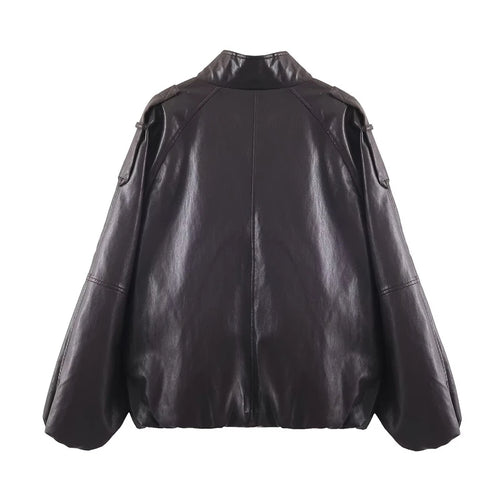 "Women's Black Faux Leather Bomber Jacket, Oversized Stand Collar PU Leather Coat, Edgy Casual Outerwear for Autumn/Winter