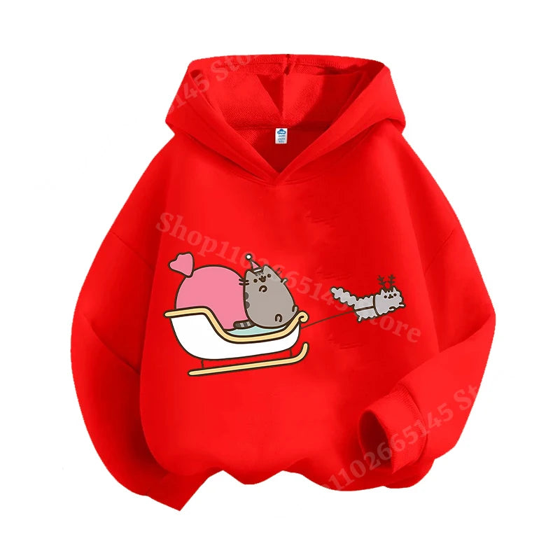 Autumn and winter children's Christmas hoodie sweatshirt cartoon cute cat pullover girls and boys warm clothes Christmas clothin