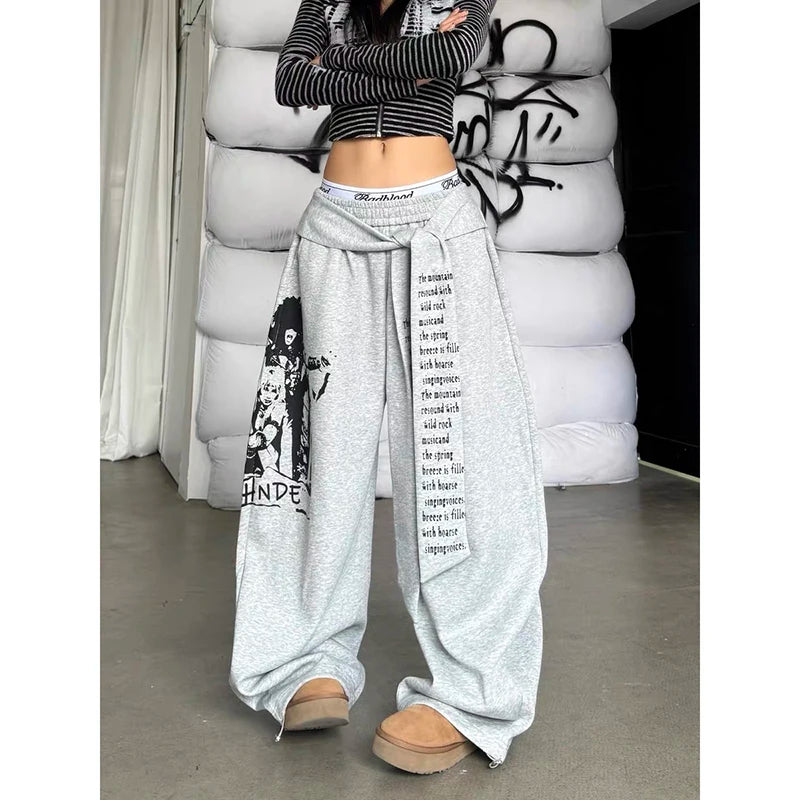 ZHIZOU Women Gray Gothic Baggy Y2k Letter Print Pants Harajuku 2000s Vintage Oversize Sweatpants Wide Leg Trousers Autumn 2025