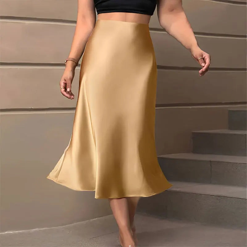 Satin Skirts for Women Korean Style Champagne Office High Waist A-line Skort Fashion Elegant Solid Long Pencil Skirt Silk Like