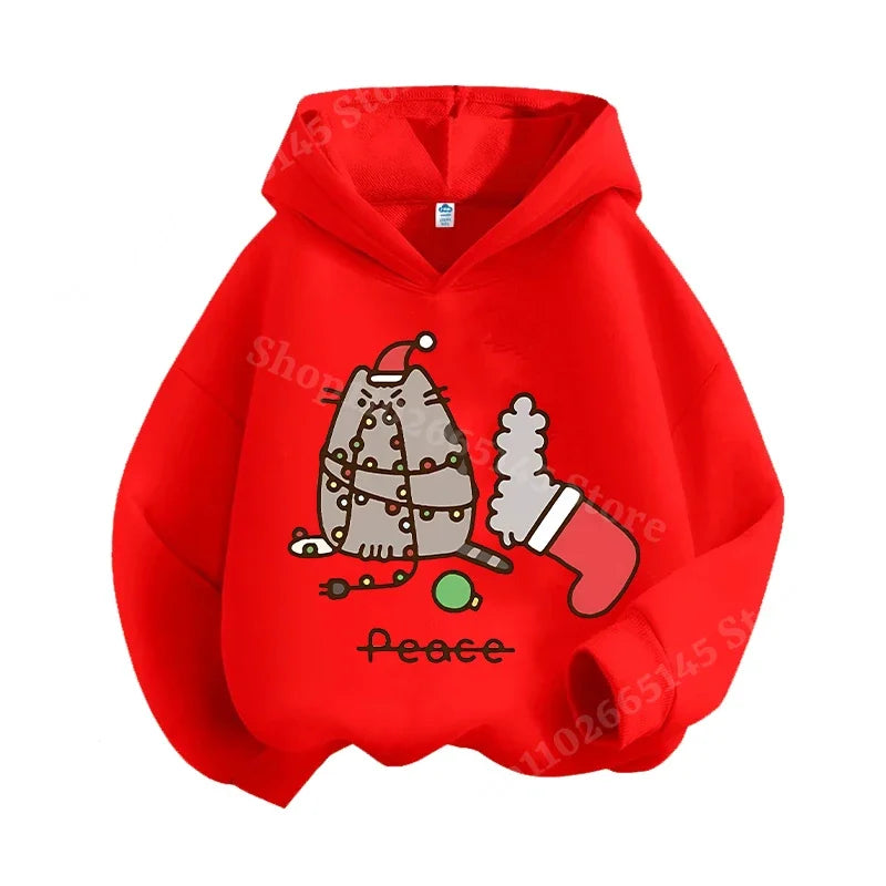 Autumn and winter children's Christmas hoodie sweatshirt cartoon cute cat pullover girls and boys warm clothes Christmas clothin