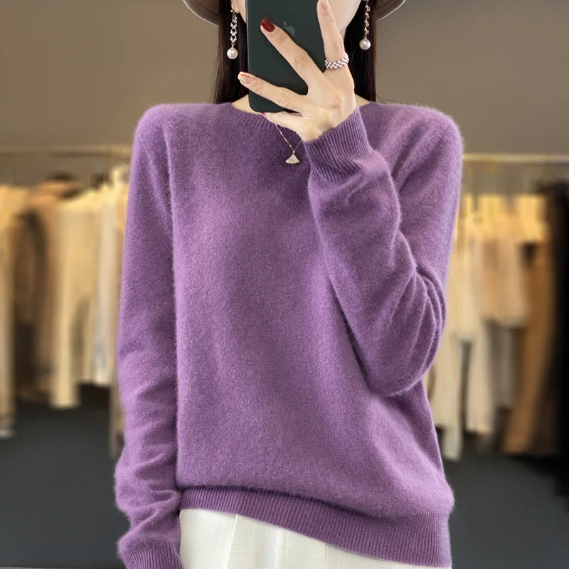 Autumn Winter Women 100% Merino Wool Sweater O-Neck Cashmere Pullover Basic Fashion Clothing Comfort Warm Top Casual Solid