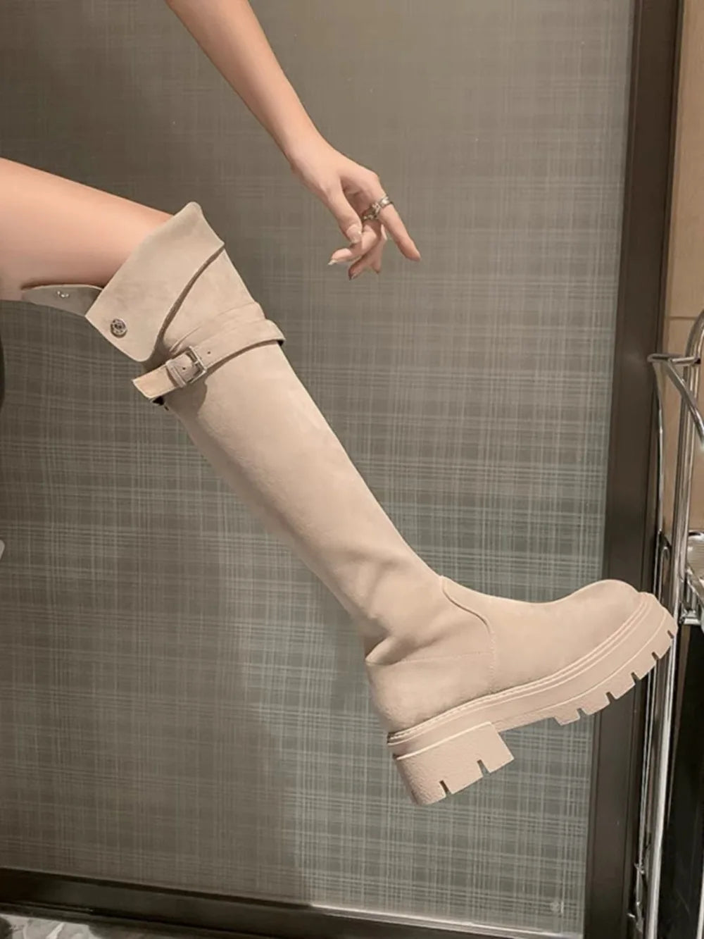 2025 Women's Wide Calf Over The Knee Boots Stretch Riding Boots Flat Foldable Two-Way Wear Suede Long Boots for Thick Thighs