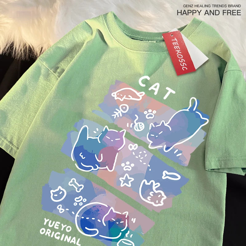 Fun Mischievous Cat Print Japanese Style T-Shirts Men Women Fashion Tshirs Breathable Summer T-Shirts Cotton Loose Tee Clothes