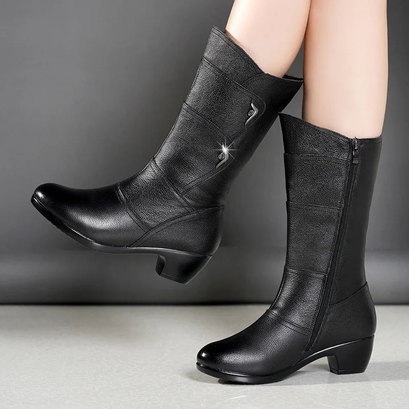 New Winter Elegant Fashion Chunky Mid-calf Boots Round Head Sexy Comfortable Side Zipper Fashion Women's Knight Boots