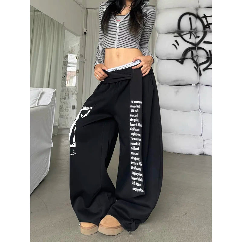 ZHIZOU Women Gray Gothic Baggy Y2k Letter Print Pants Harajuku 2000s Vintage Oversize Sweatpants Wide Leg Trousers Autumn 2025