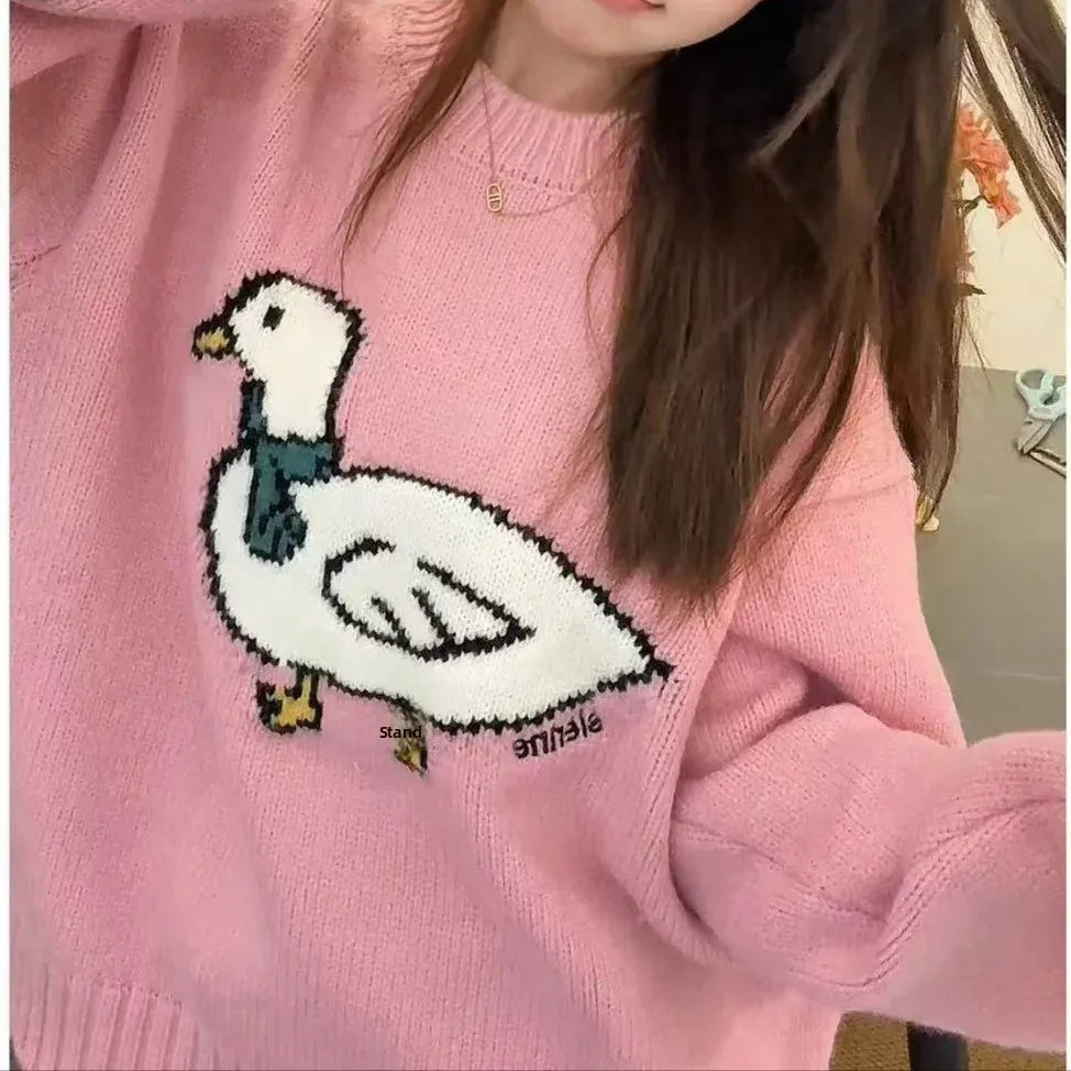 Spring Summer New Crew Neck Duck Embroidery Sleeveless Sweater Women's New Layering Pink Color Overhead Knitwear