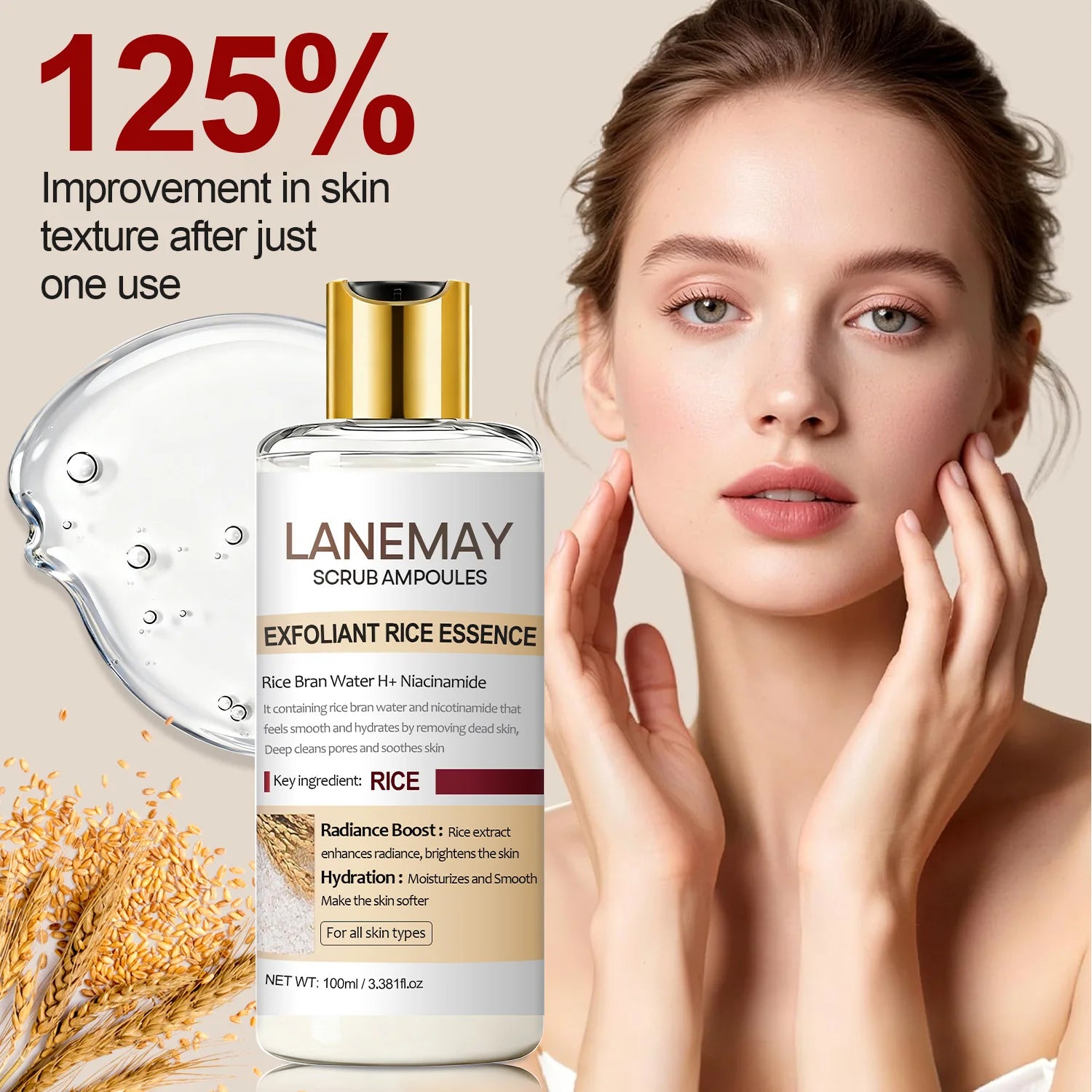 Rice extract exfoliating essence, removes skin waste, makes the skin smoother and brighter