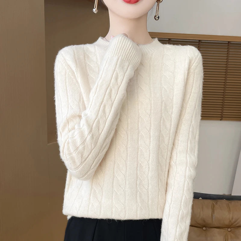 Women's Autumn And Winter 100% Merino Wool Knitted Sweater First-line Ready To Wear Fashion Round Neck Sweater Warm Casual Top