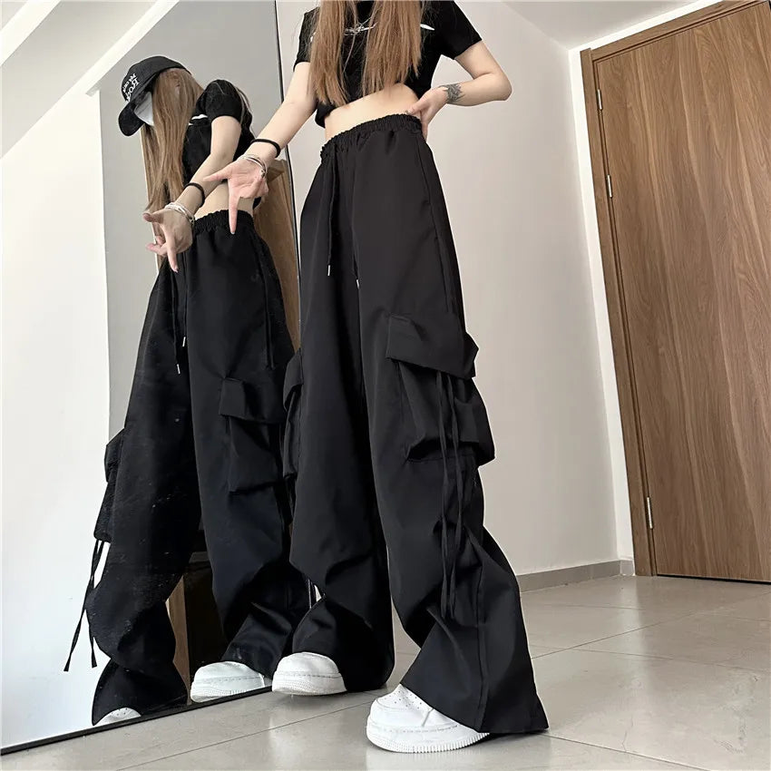 Women Y2K Cargo Pants High Waist Streetwear Hip Hop Trousers Female Big Pockets Casual Low Waist Drawstring Baggy Sweatpants