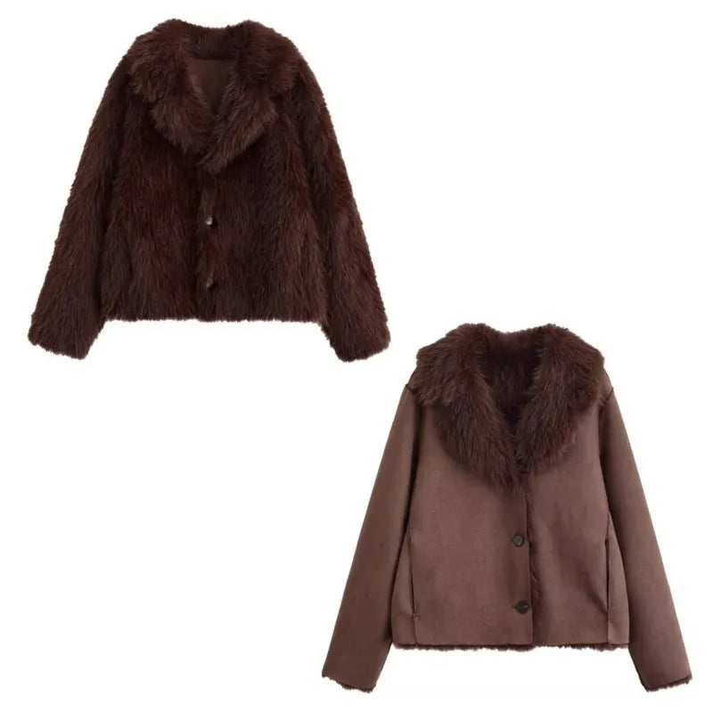 Double Sided Jacket for Women WinterTurn-down Collar Single Breasted Casual Jackets Artificial Fur And Suede Effect Female Coats