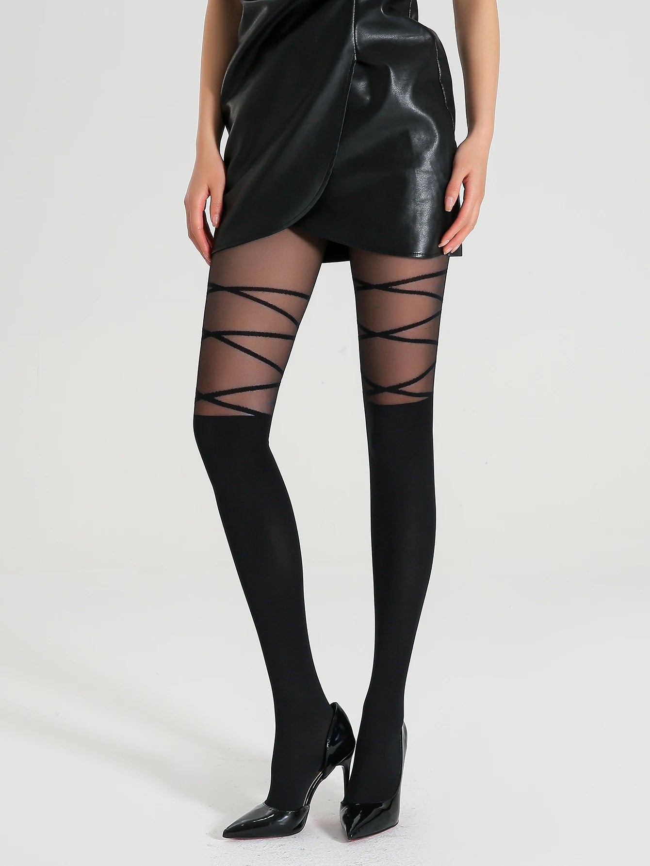 A pair of women's stylish striped pantyhose with thigh-strap high elastic translucent tights