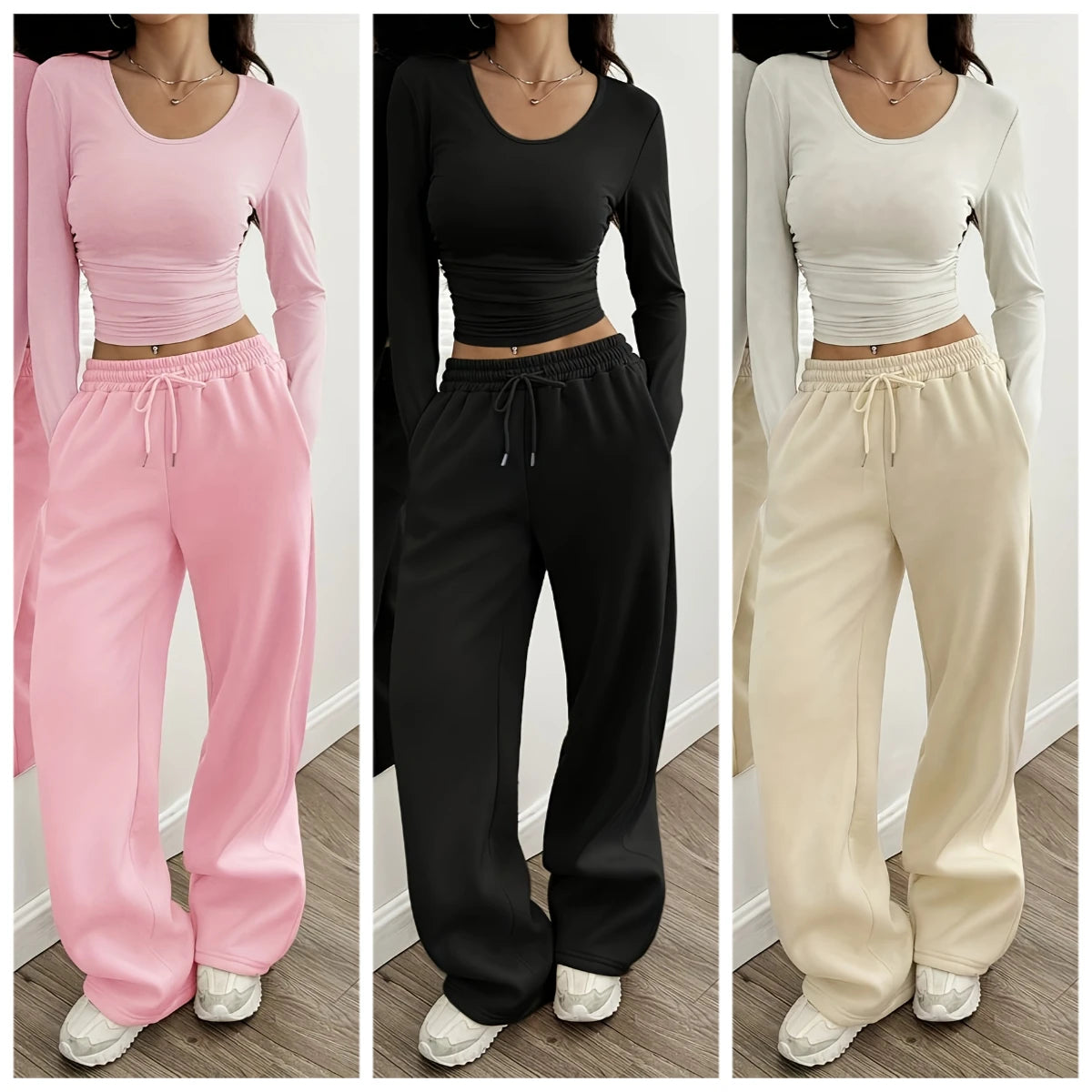 Women's Solid Color Wide Leg Pants Casual Drawstring Sweatpants with Pockets Jogging Loose Pants Relaxed Fit Style Autumn Winter