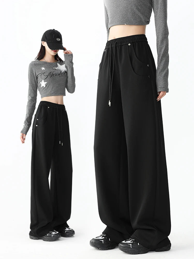 Women's High-Waisted Wide-Leg Sweatpants Spring Autumn Casual Loose Pants with Two Pockets Daily Versatile