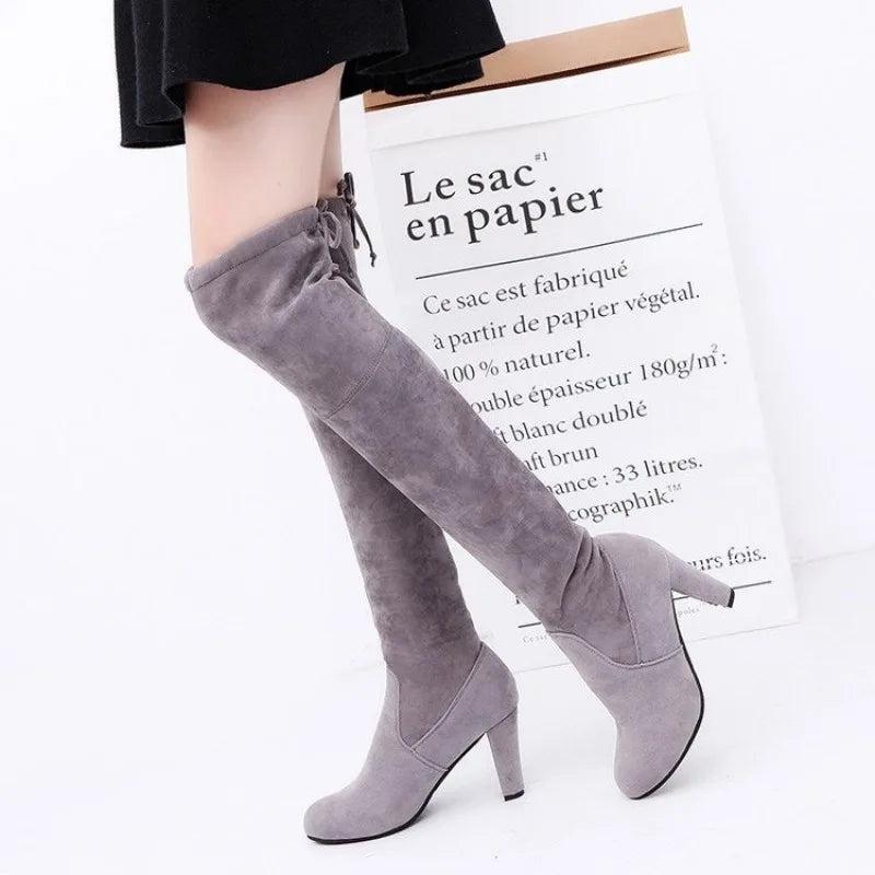 Brand Thigh High Botines Mujer Plush Fur Shoes Winter Stovepipe Stretch Over Knee Long Boots Women Lace-up Velvet Knight Bottes