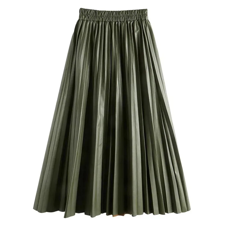 Black PU-leather Pleated Skirt New Women High Waist Fashionable All-match A-Line mi-long Skirt Female