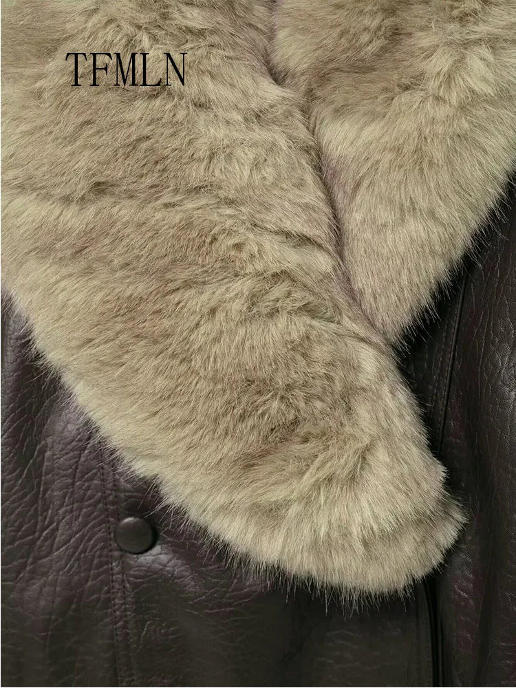 TFMLN 2025 Winter Women Loose Faux Leather Jacket Fashion Removed Big Fur Collar Causal Coat High Street Double Breasted Outwear