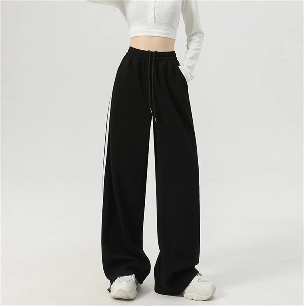 Women Stripe Chic Straight Pant Autumn Spring Retro Sports Sweatpants High Waist Color Blocked Trouseres Lady Casual Streetwear