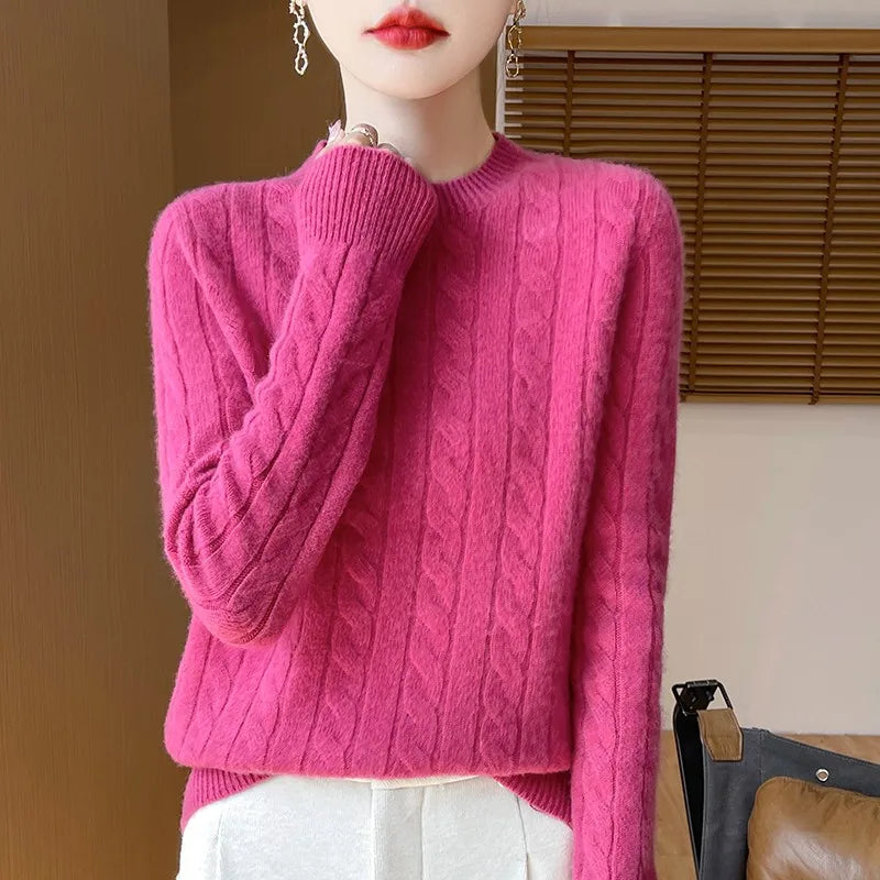 Women's Autumn And Winter 100% Merino Wool Knitted Sweater First-line Ready To Wear Fashion Round Neck Sweater Warm Casual Top