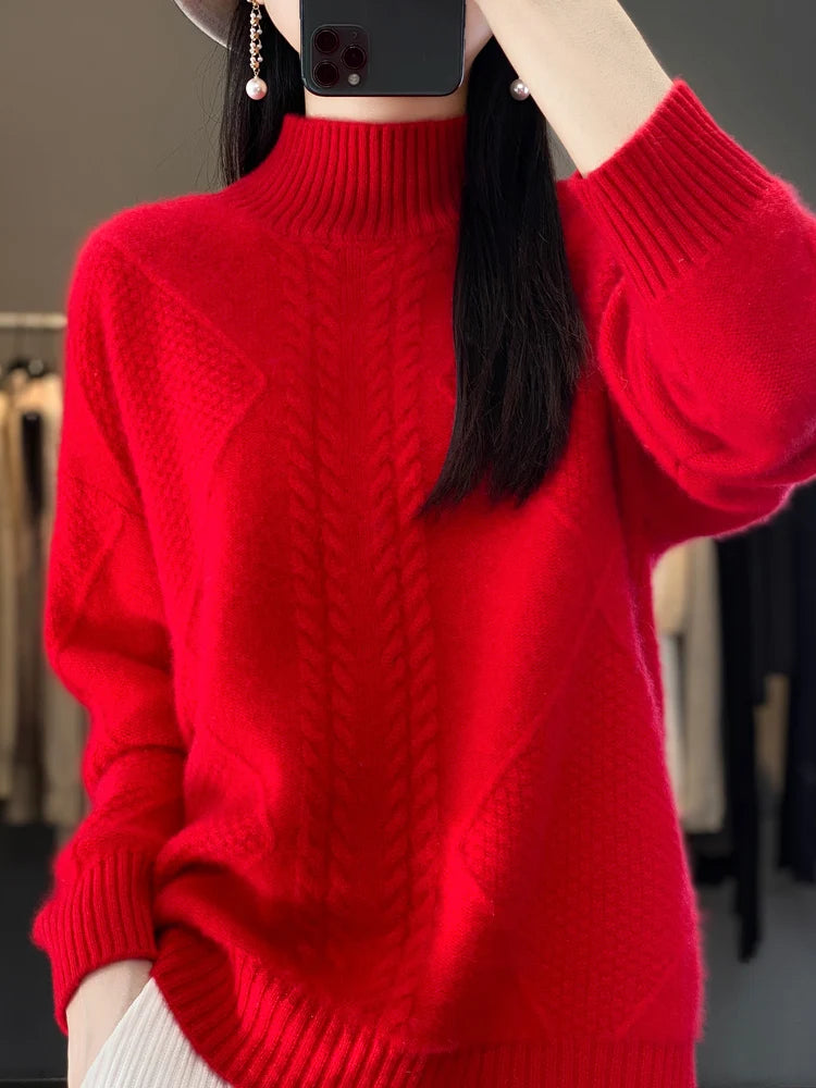 Autumn Winter Women 100% Merino Wool Sweater Striped Twisted Knitted Pullover Casual Loose Long Sleeve Cashmere Clothing Tops