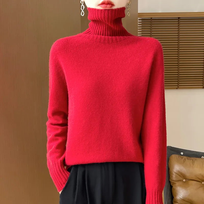 2025 New Autumn/Winter 100% Merino Wool Hoodie Solid Color Long Sleeve High Collar Warm Top Women's 19 Color Sweater WQ708