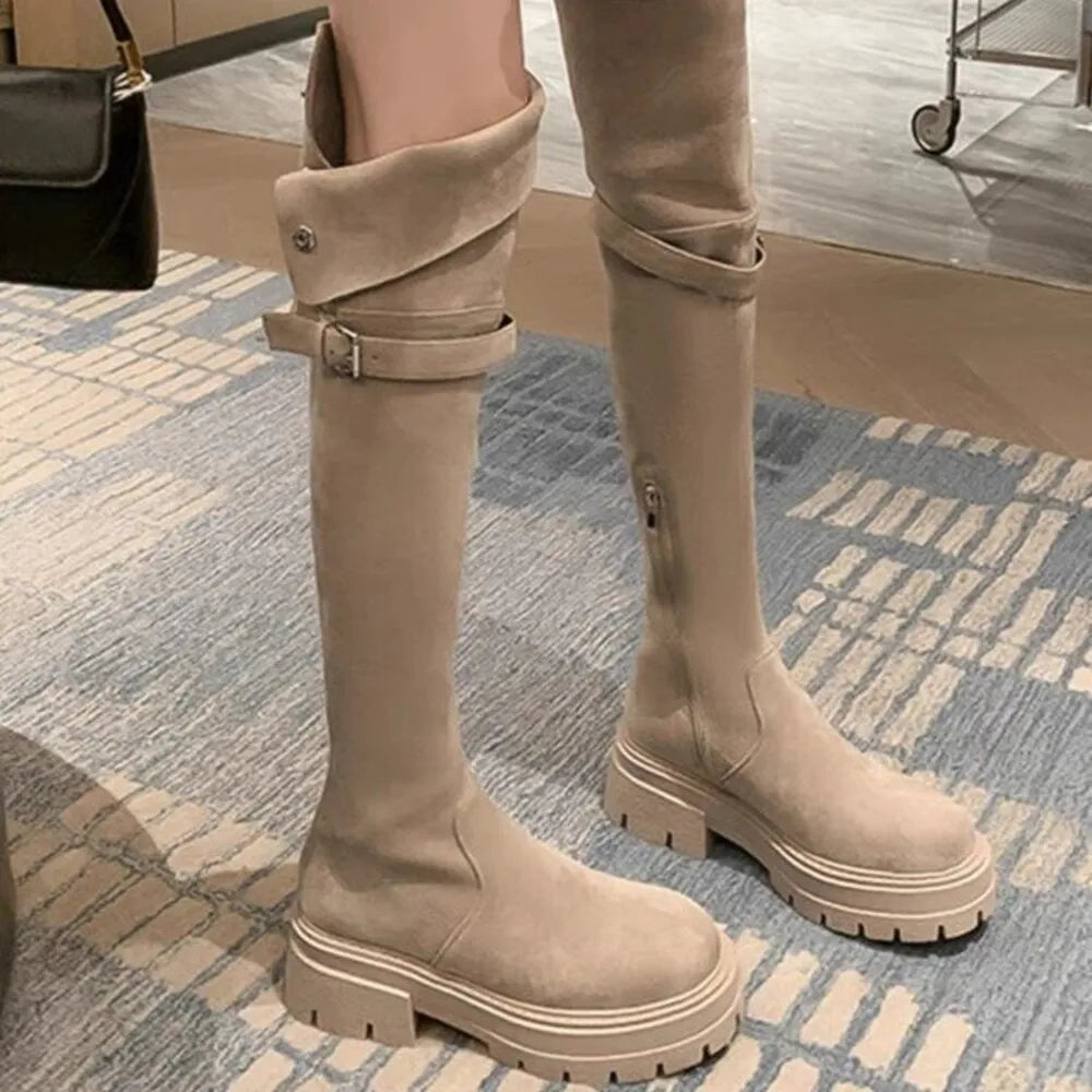 2025 Women's Wide Calf Over The Knee Boots Stretch Riding Boots Flat Foldable Two-Way Wear Suede Long Boots for Thick Thighs