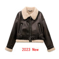 RARF 2024 New Woman's Fashion Thick Warm Faux Shearling Jacket Coat Vintage Long Sleeve Belt Hem Female Outerw