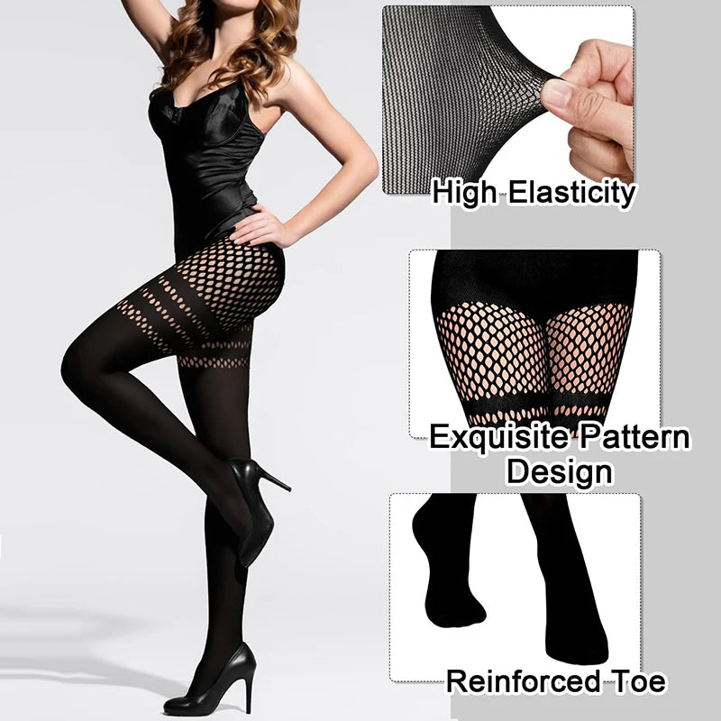 Kave 3 Pairs Womens Faux Thigh High Fishnet Stockings Fishnet Tights Patterned Pantyhose Over the Knee Goth Striped Suspender