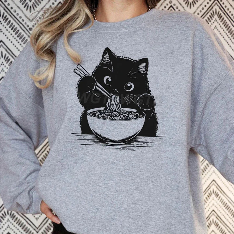 Cat Lover Kawaii Cartoon Sweatshirt Cat Eating Ramen Print Women Fashion Casual Hoodies Japanese Noodle Cats Retro Women Sweater