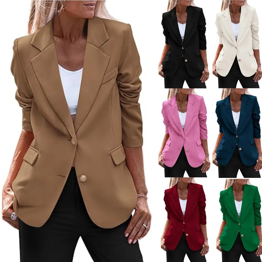 Women's Blazer Autumn Winter Lapel Single-breasted Long-sleeved Pocket Slim Solid Color Suit Jacket New Office Lady