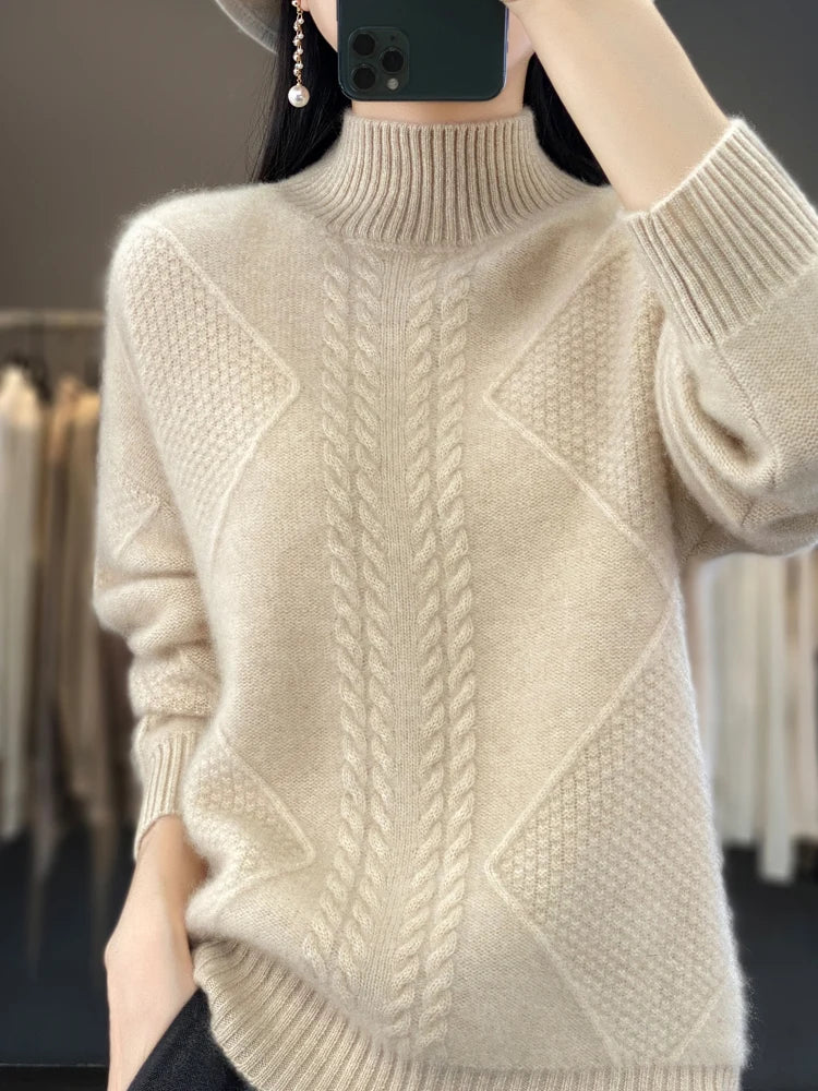 Autumn Winter Women 100% Merino Wool Sweater Striped Twisted Knitted Pullover Casual Loose Long Sleeve Cashmere Clothing Tops