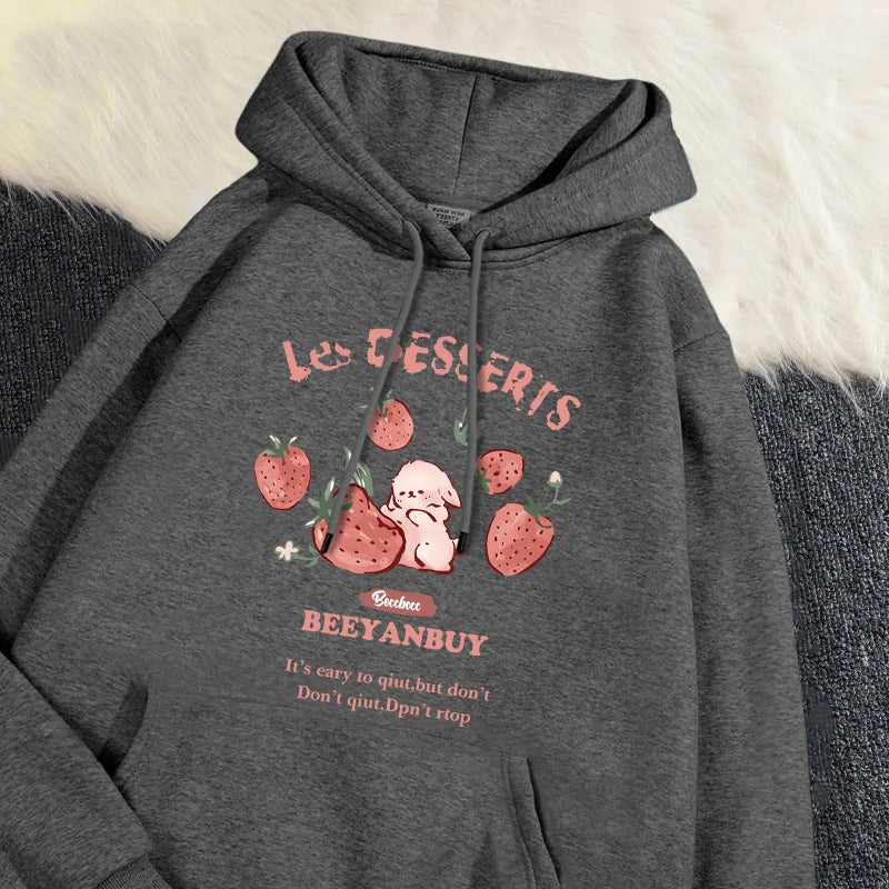 Fashion Women'S Hoodie Cute Strawberry And Rabbit Printed Sweatshirt Pocket Soft Warm Breathable Pullover Autumn Winter Hoody