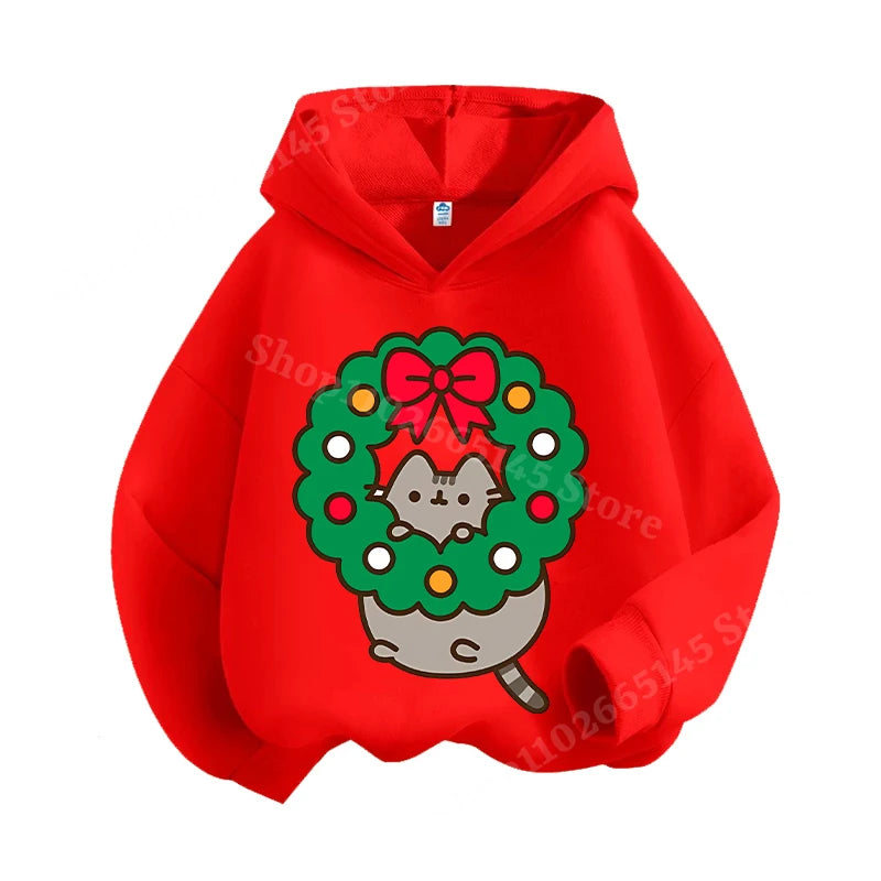 Autumn and winter children's Christmas hoodie sweatshirt cartoon cute cat pullover girls and boys warm clothes Christmas clothin