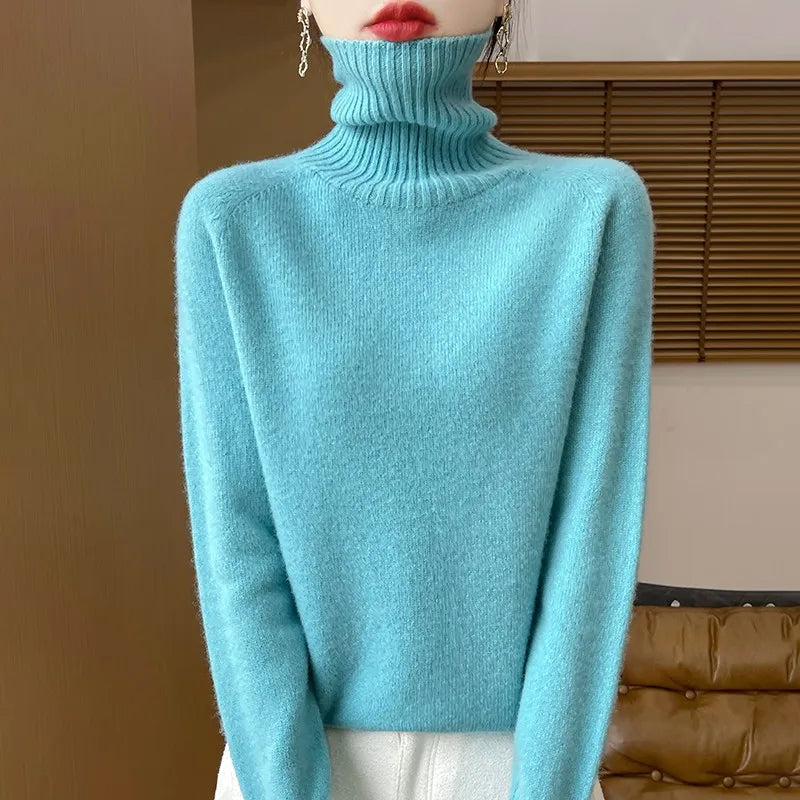 2025 New Autumn/Winter 100% Merino Wool Hoodie Solid Color Long Sleeve High Collar Warm Top Women's 19 Color Sweater WQ708