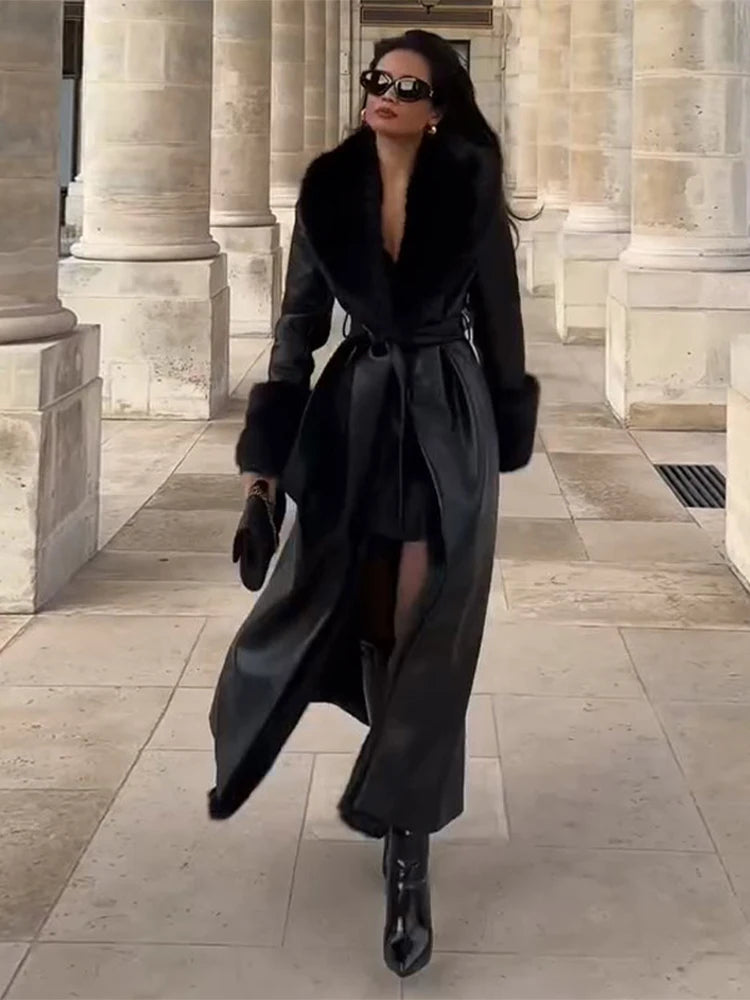 Lace up Patchwork Fur Long Jacket Woman Solid Color Long Sleeves Straight Coat Luxurious Elegant Women's New Warm Winter Jackets