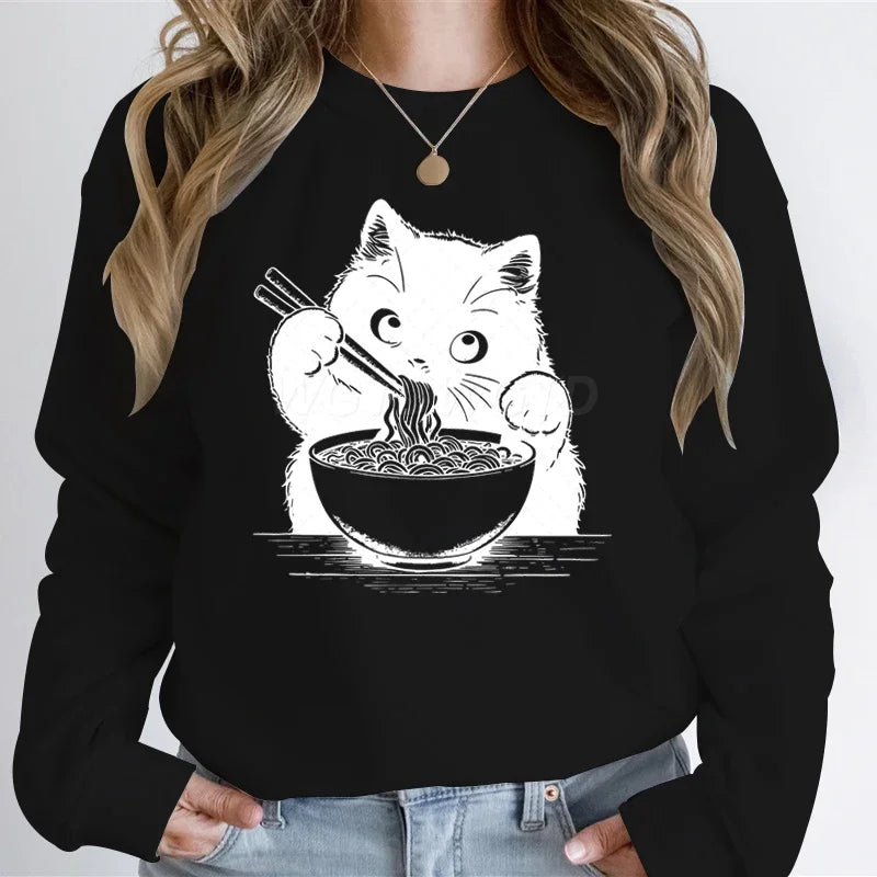 Cat Lover Kawaii Cartoon Sweatshirt Cat Eating Ramen Print Women Fashion Casual Hoodies Japanese Noodle Cats Retro Women Sweater