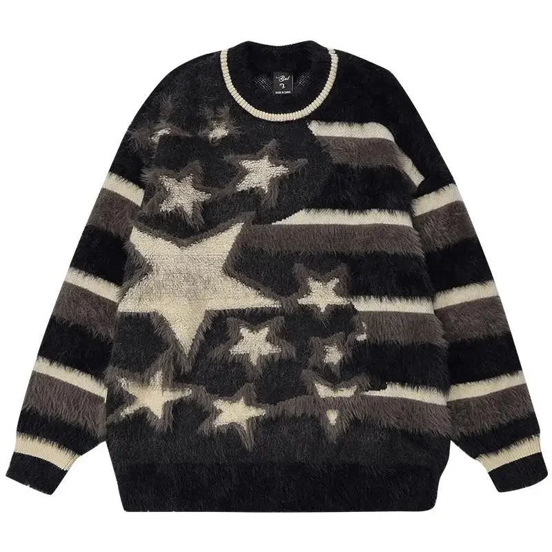 Star Design Sweater Stripe BF Casual Wool Knitwear Long Sleeved Casual Top Y2k Clothes Pullover Oversize Women Winter Clothes