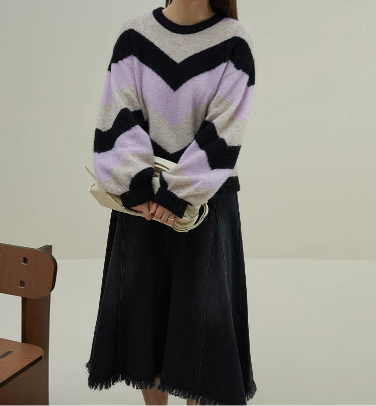 DUSHU Loose Soft Sticky Stripe Knit Shirt Pullovers Winter 2023 New Peruvian Alpaca Wool Inner Layer Knit Pullovers For Women