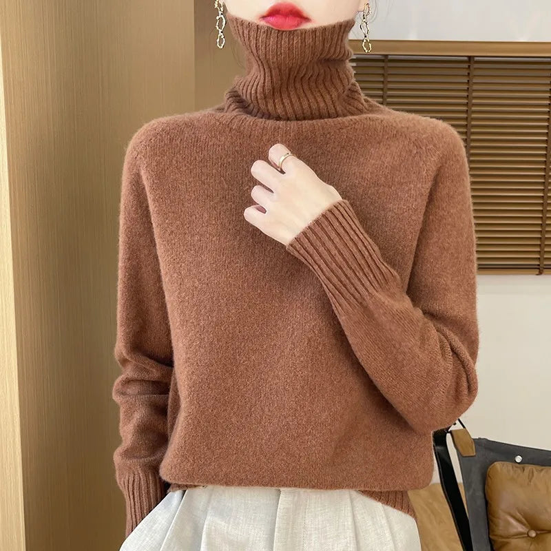 2025 New Autumn/Winter 100% Merino Wool Hoodie Solid Color Long Sleeve High Collar Warm Top Women's 19 Color Sweater WQ708