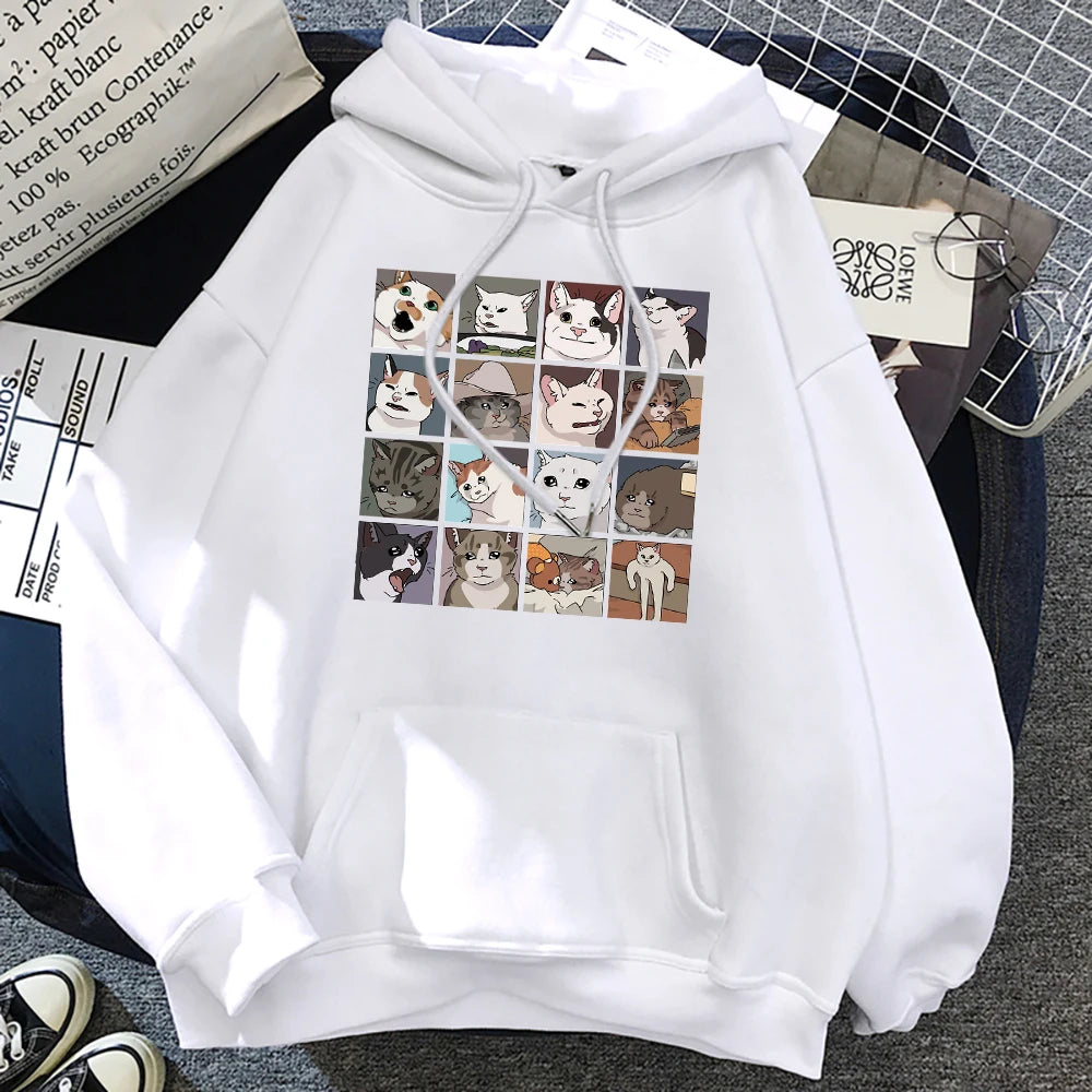 Funny Meme Cats Cartoons Print Women Hoody Hip Hop Crewneck Hoodies Oversized Fleece Pullovers Fashion Casual Womens Sportswear