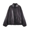 "Women's Black Faux Leather Bomber Jacket, Oversized Stand Collar PU Leather Coat, Edgy Casual Outerwear for Autumn/Winter
