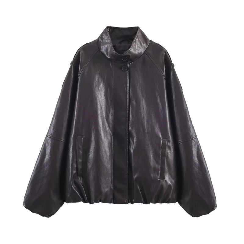 "Women's Black Faux Leather Bomber Jacket, Oversized Stand Collar PU Leather Coat, Edgy Casual Outerwear for Autumn/Winter