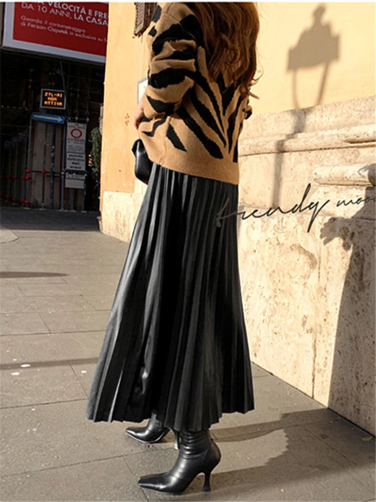 Black PU-leather Pleated Skirt New Women High Waist Fashionable All-match A-Line mi-long Skirt Female