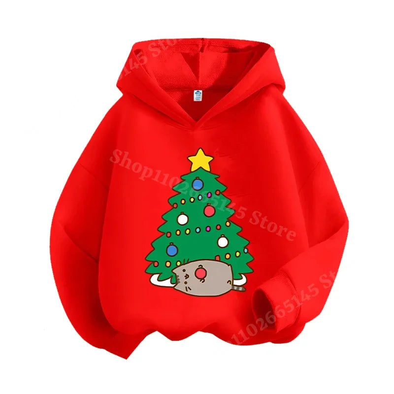 Autumn and winter children's Christmas hoodie sweatshirt cartoon cute cat pullover girls and boys warm clothes Christmas clothin