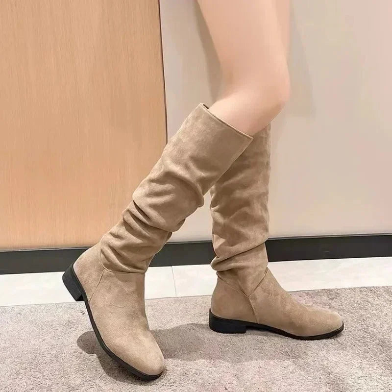 Winter suede women's fashion boots - stylish pleated round-toe long boots - elegant low-heeled plus-size fitted boots for women