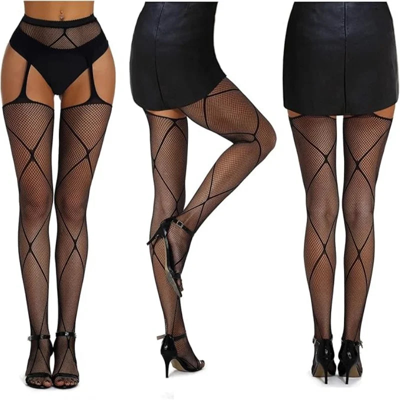 3 Pcs Pantyhose Fishnet Sexy Thigh-High Stockings Suspender Stockings for Women Garter Belt Stockings Hollow Out Pattern Tights