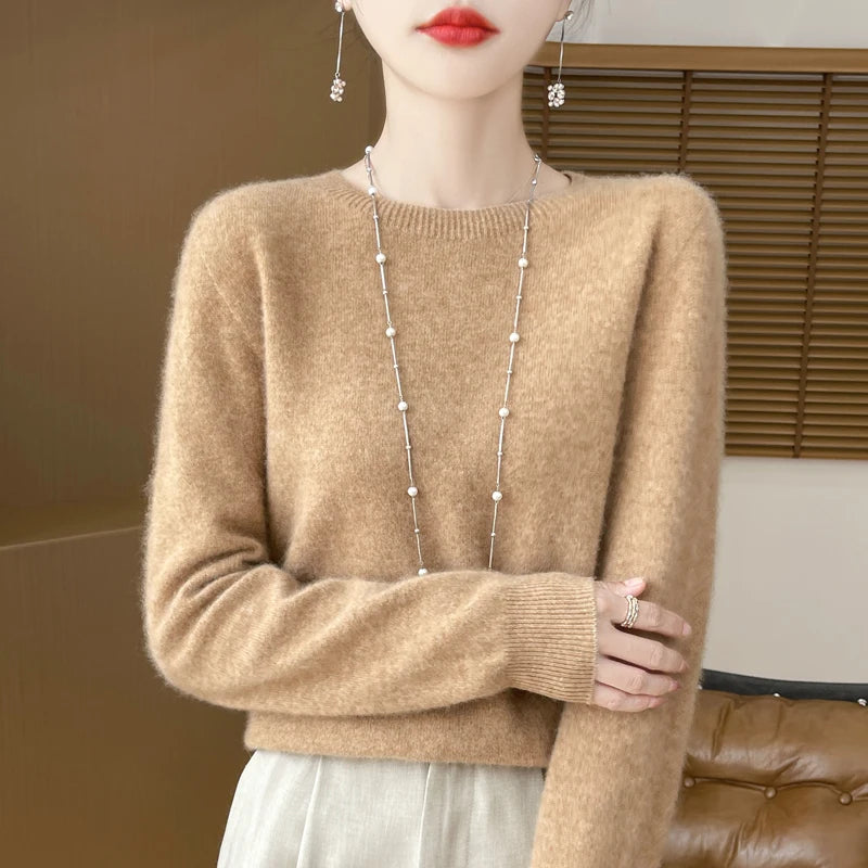 Autumn Winter Women 100% Merino Wool Sweater O-Neck Cashmere Pullover Basic Fashion Clothing Comfort Warm Top Casual Solid