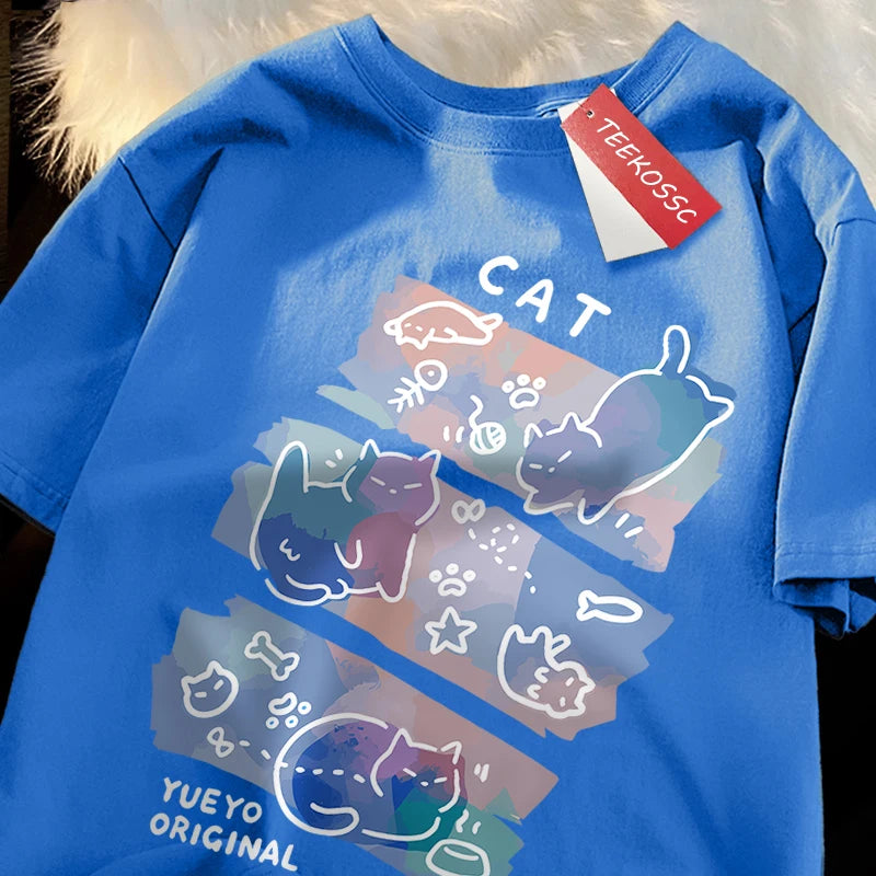 Fun Mischievous Cat Print Japanese Style T-Shirts Men Women Fashion Tshirs Breathable Summer T-Shirts Cotton Loose Tee Clothes