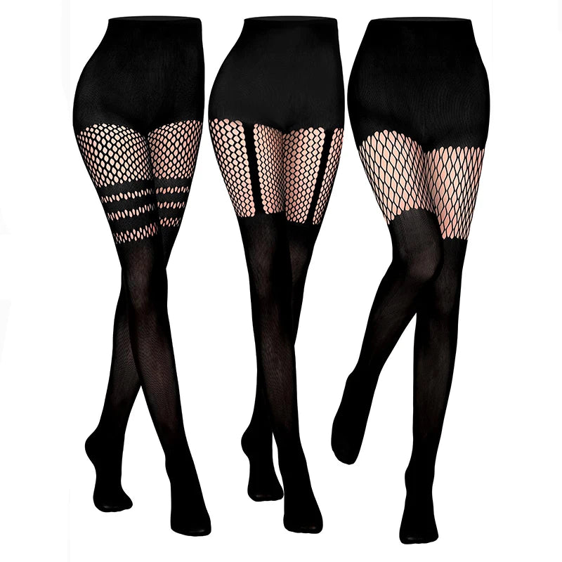 Kave 3 Pairs Womens Faux Thigh High Fishnet Stockings Fishnet Tights Patterned Pantyhose Over the Knee Goth Striped Suspender